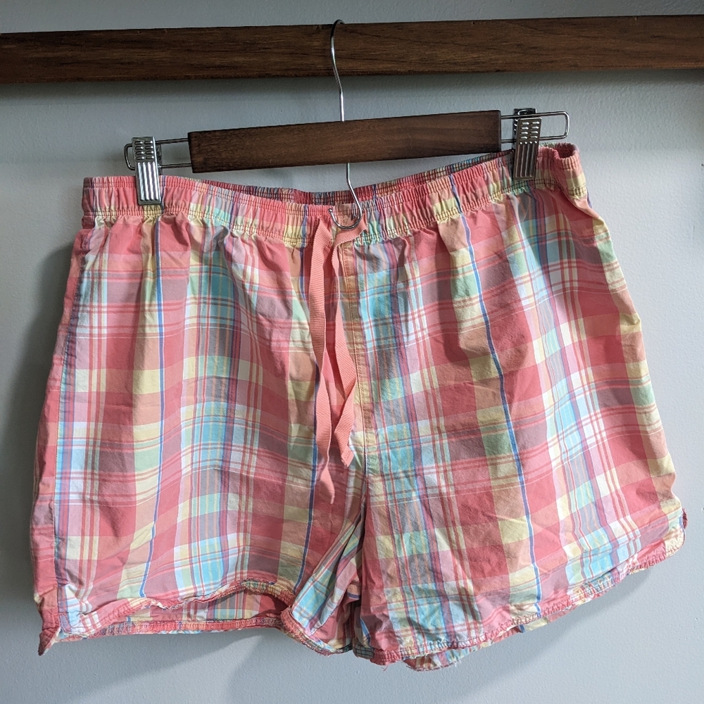 LL Bean Bright Colorful Plaid Shorts Drawstring Size Large 100% Cotton Pastel
